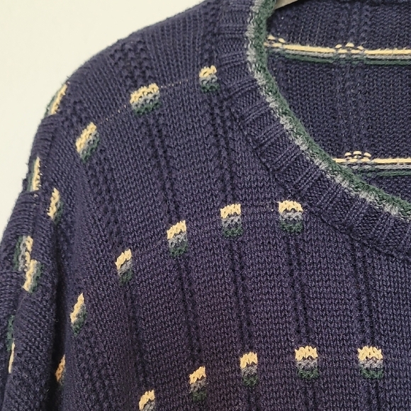 Y2K Vintage Men Chunky Knit Sweater Size L Grandpa Navy Cotton Cosby Academia - Picture 1 of 12